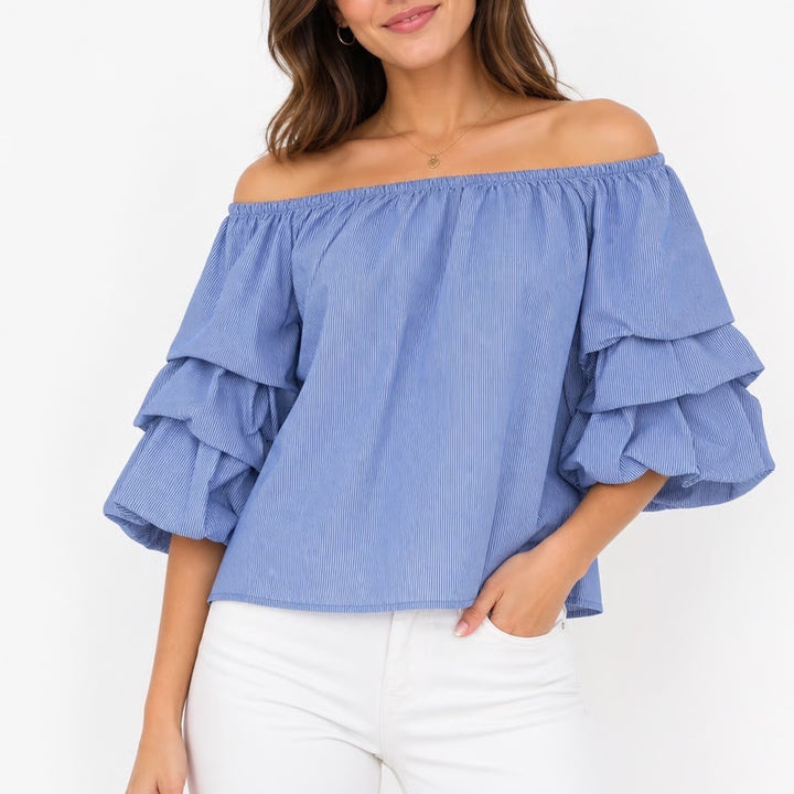 Zara Woman Blue White Pinstripe Off Shoulder Tiered Ruffle Sleeve Blouse XS