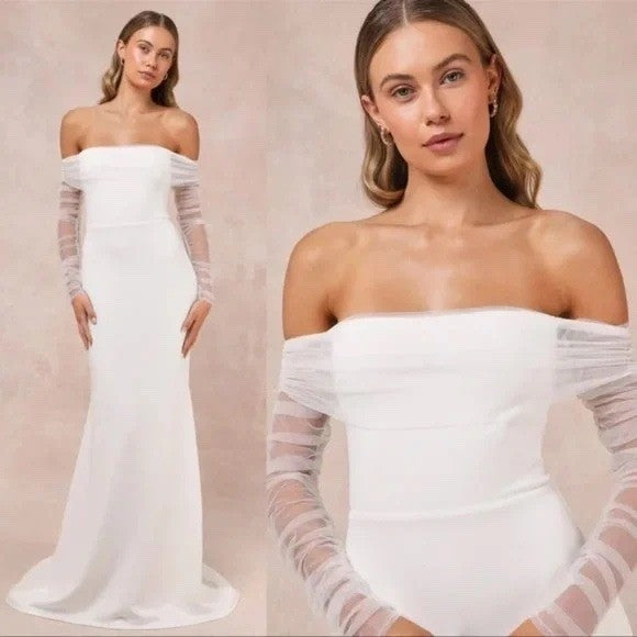 Lulus Beautifully Beloved White Mesh Off-The-Shoulder Maxi Dress Size XXS