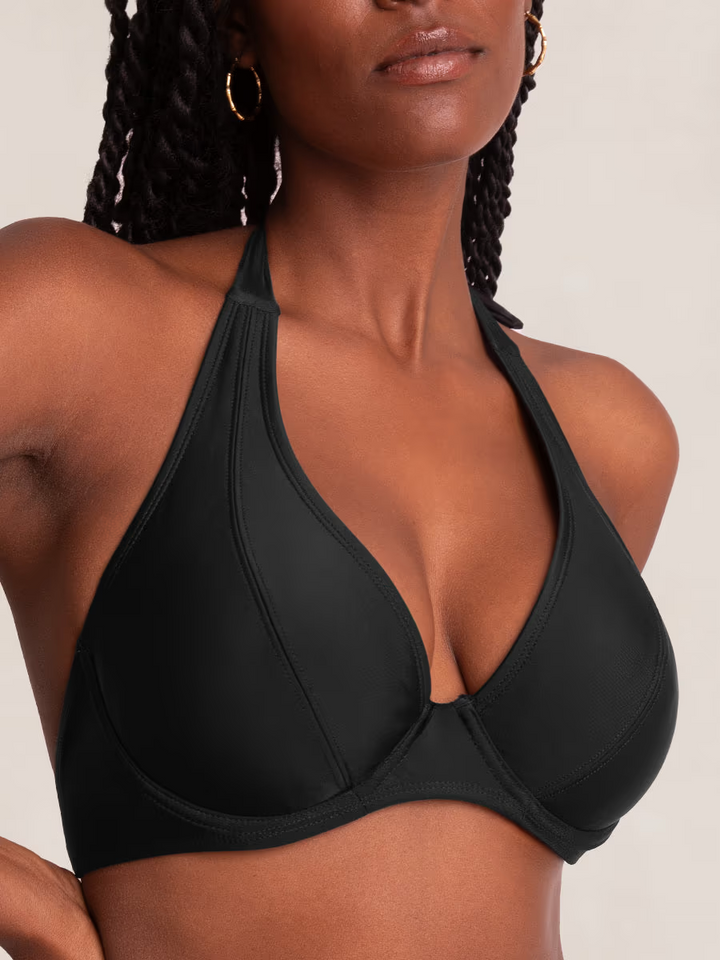 Shapermint Essentials Full Coverage Halter Bikini Top Womens 2XL Black Back Ties