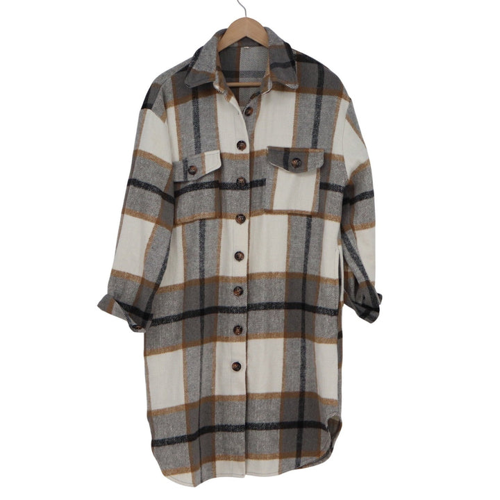 Plaid Longline Shacket Grey Cream Tan Oversized Button Front L