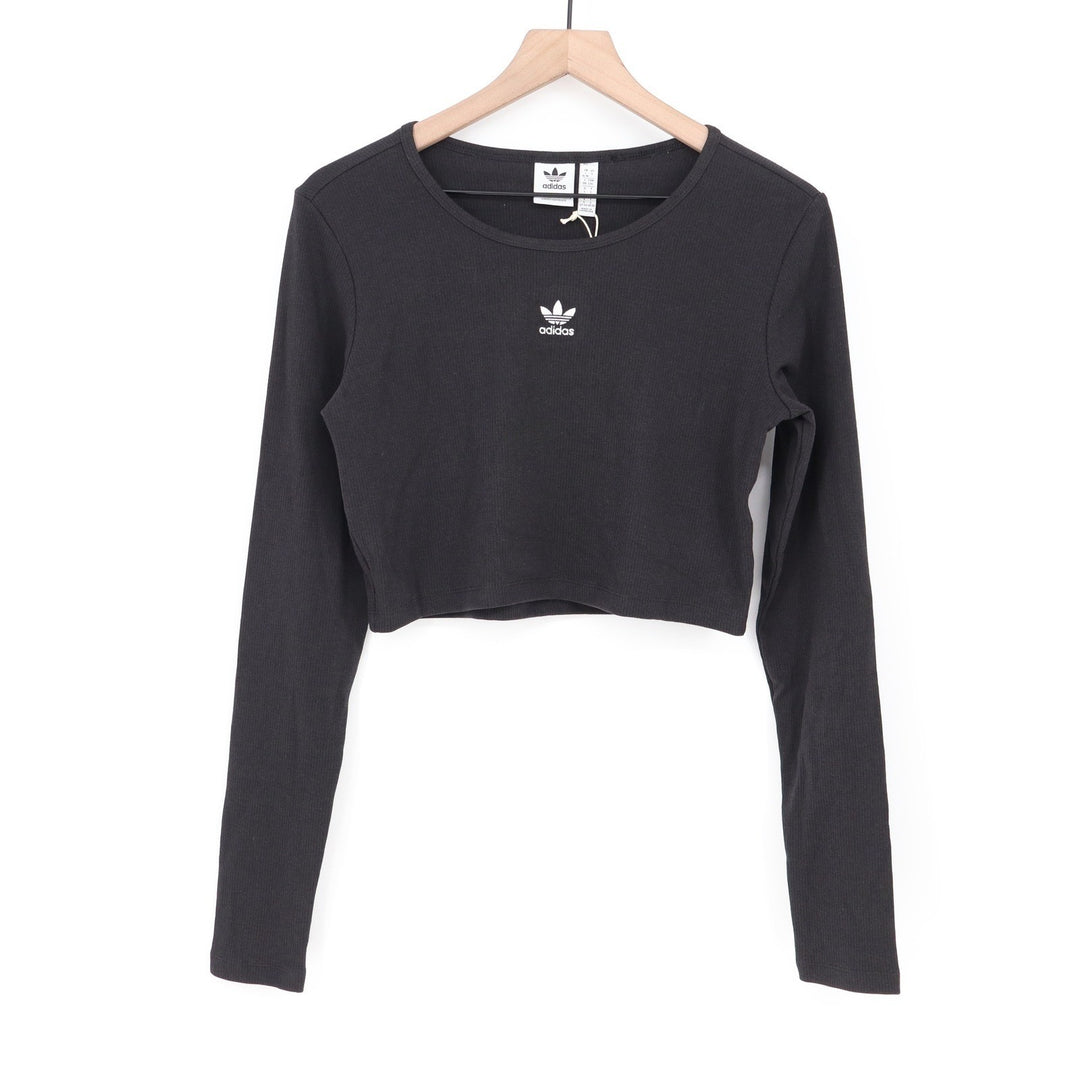 Adidas Originals Women Black Ribbed Long Sleeve Crop Top Size L NEW