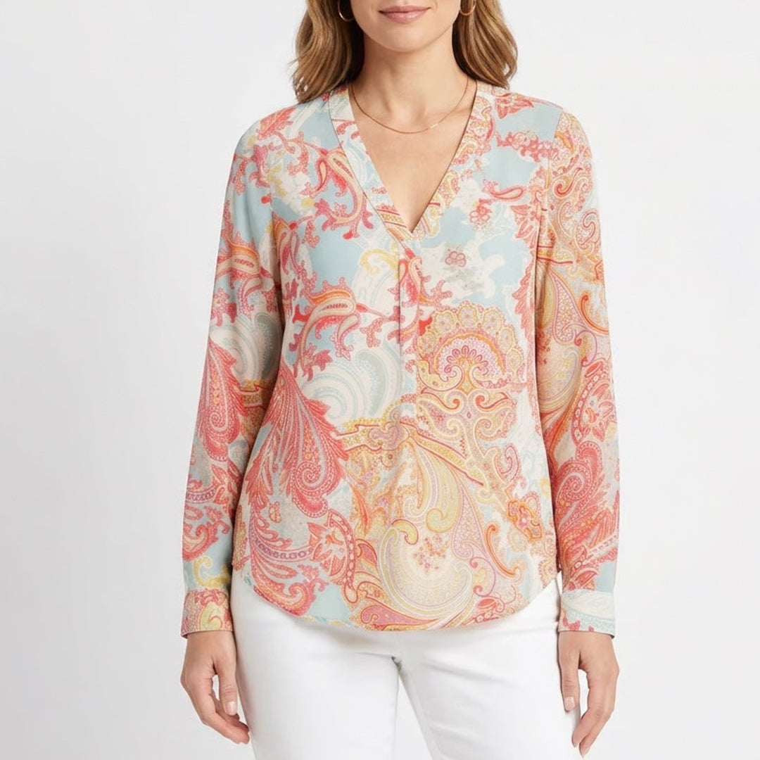 Rose + Olive Womens Paisley V-Neck Blouse Multicolor Long Sleeve Top Size M