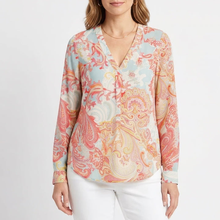 Rose + Olive Womens Paisley V-Neck Blouse Multicolor Long Sleeve Top Size M