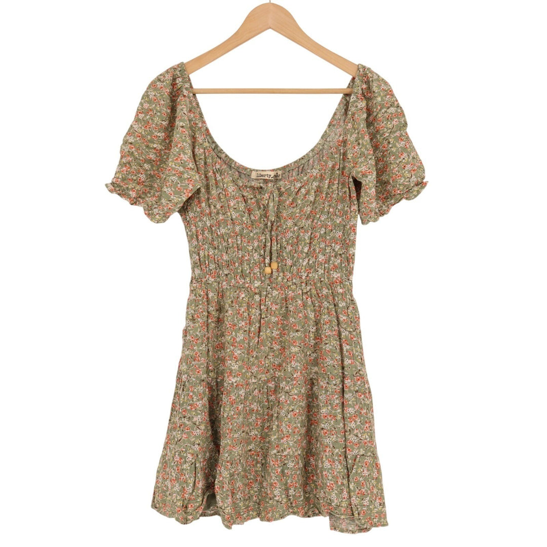 Liberty Love Mini Dress Womens Medium Green Floral Smocked Bodice Puff Sleeve