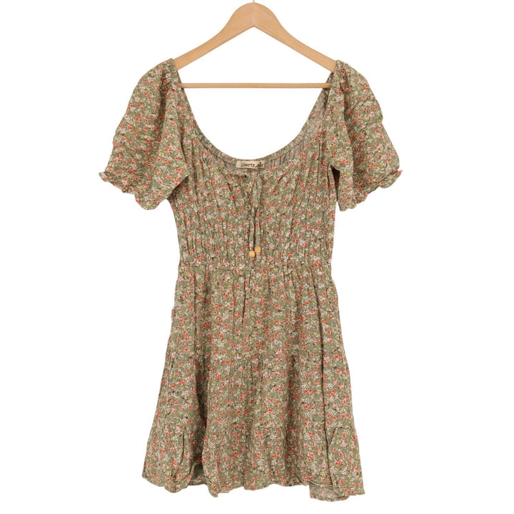 Liberty Love Mini Dress Womens Medium Green Floral Smocked Bodice Puff Sleeve