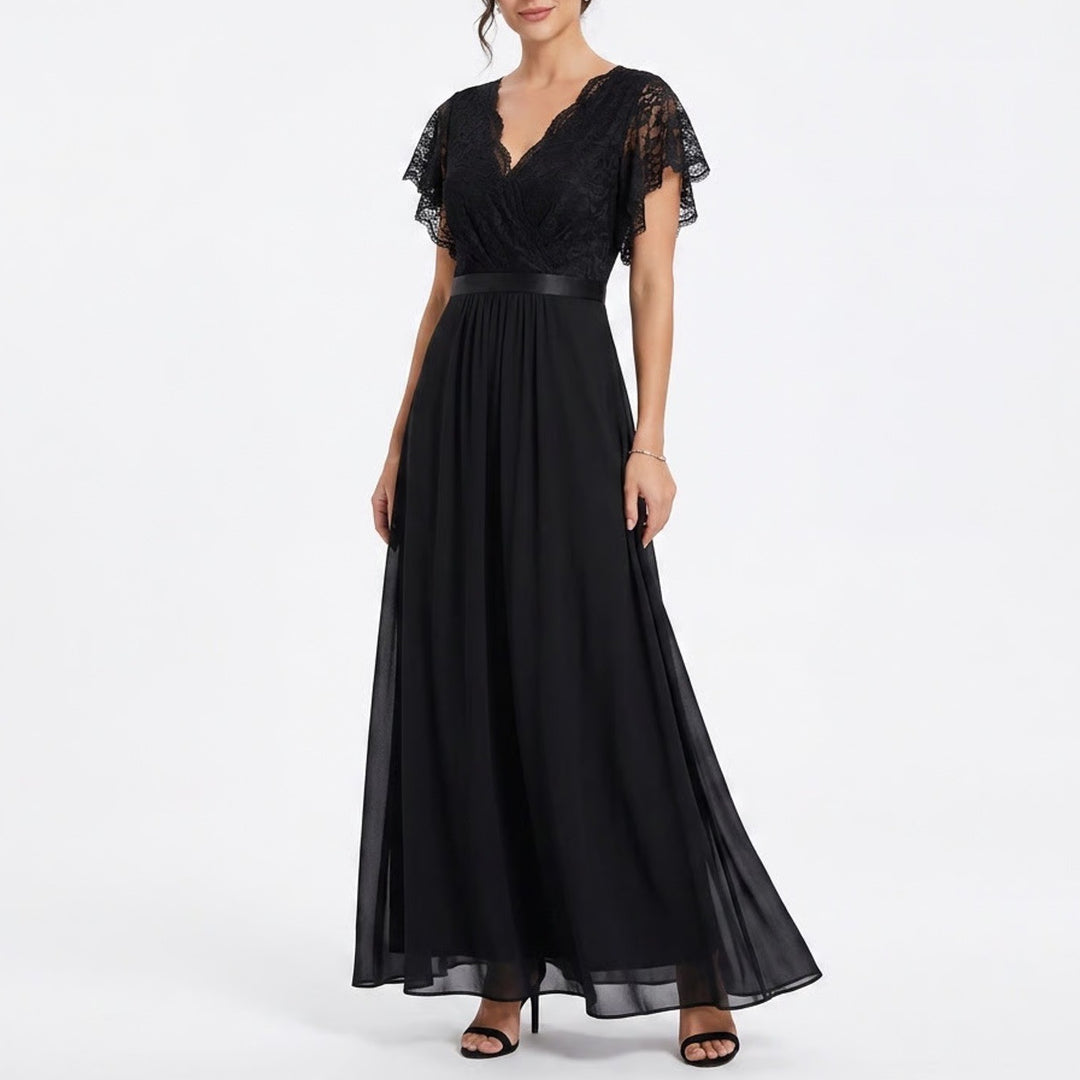 Miusol Black Lace V-Neck Flutter Sleeve Formal Maxi Gown Dress XXL