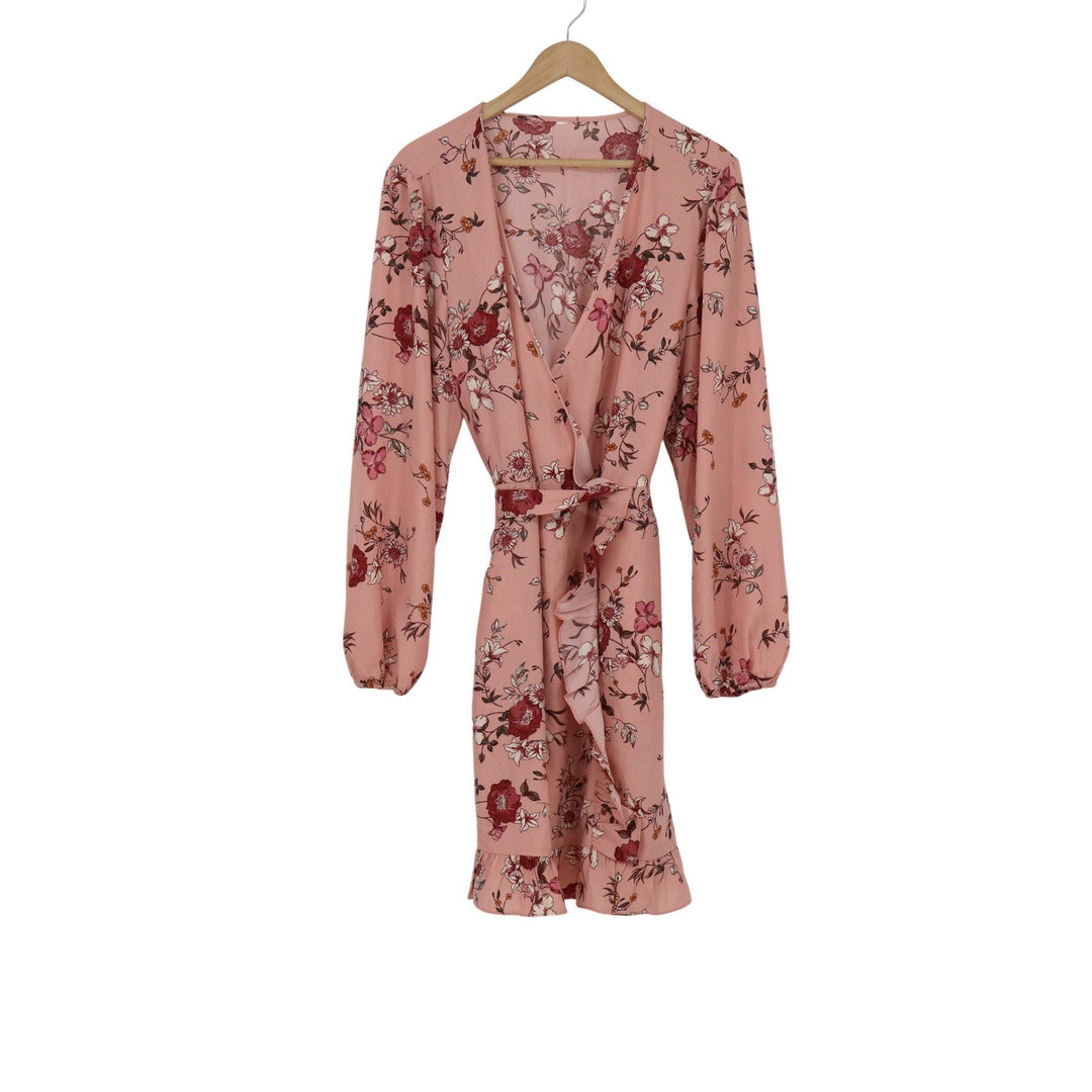 Pink Floral Wrap Mini Dress Long Balloon Sleeve Ruffle Hem V-Neck Boho