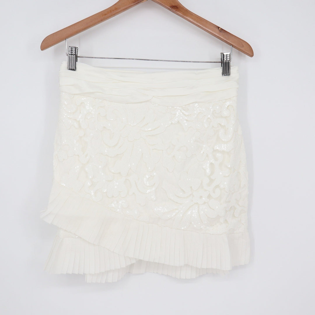 Naked Wardrobe White Sequin Floral Mini Skirt Pleated Ruffle M