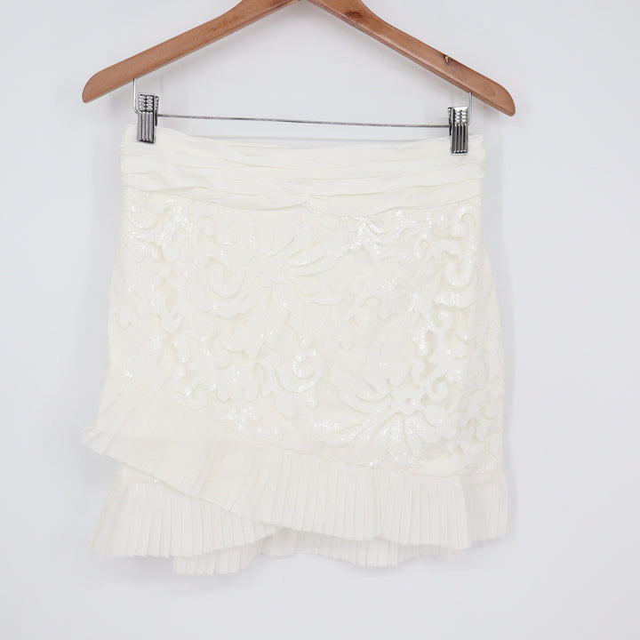 Naked Wardrobe White Sequin Floral Mini Skirt Pleated Ruffle M