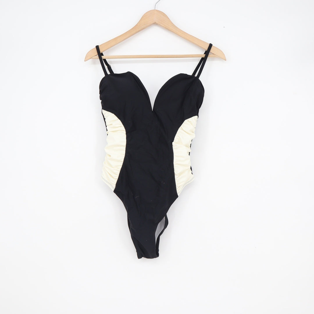Cupshe Black Cream Colorblock Ruched V-Neck One-Piece Swimsuit Womens Medium NEW