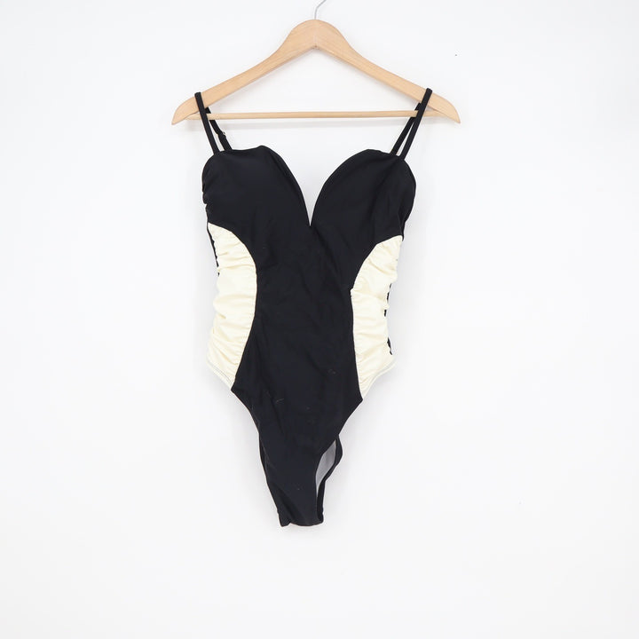 Cupshe Black Cream Colorblock Ruched V-Neck One-Piece Swimsuit Womens Medium NEW