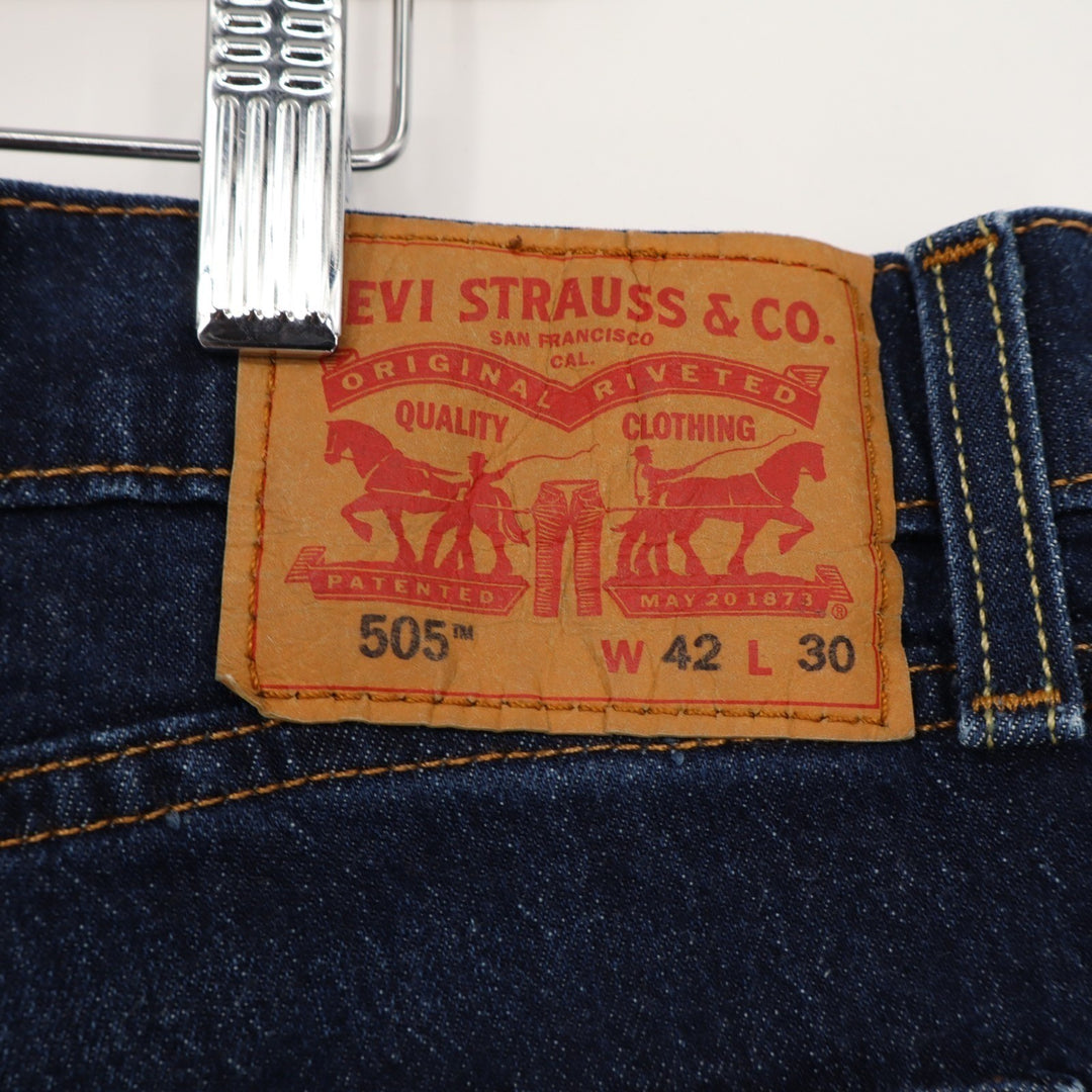 Levi's 505 Jeans Mens 42x30 Blue Whiskering Denim Preppy Dark Wash Straight Leg