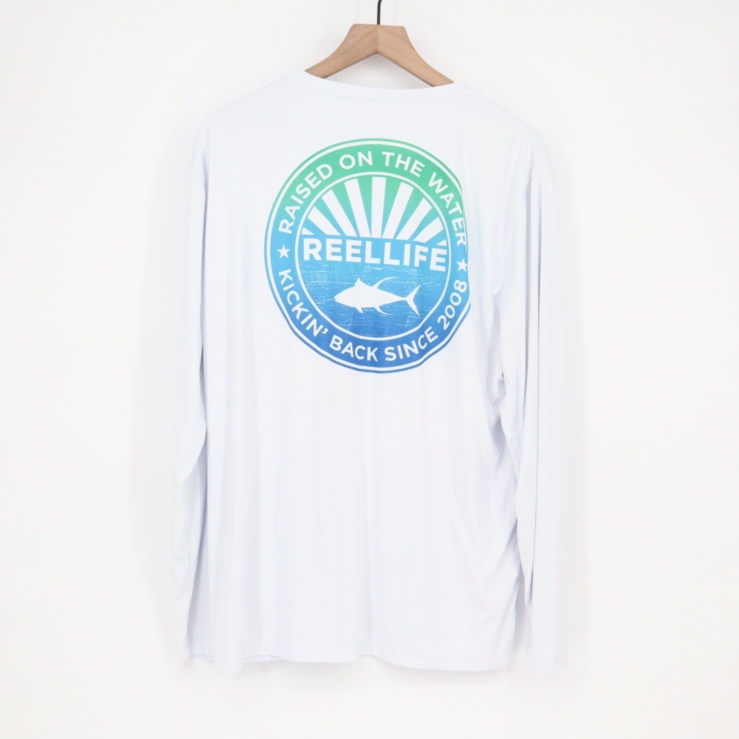 Reel Life Long Sleeve Fishing Shirt White XL Raised on the Water Graphic Tee