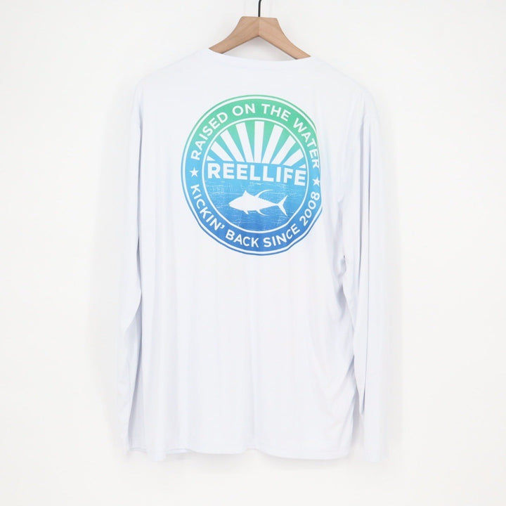 Reel Life Long Sleeve Fishing Shirt White XL Raised on the Water Graphic Tee