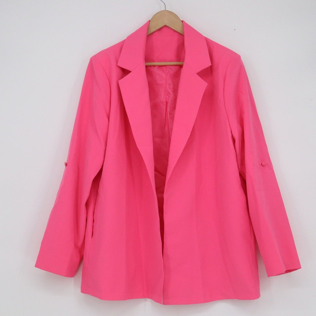Bright Pink Open Front Blazer Women XL Roll Tab Sleeve Lightweight Hot Pink