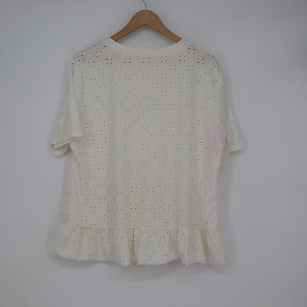White Eyelet Lace Peplum Top Short Sleeve Ruffle Hem Blouse XXL