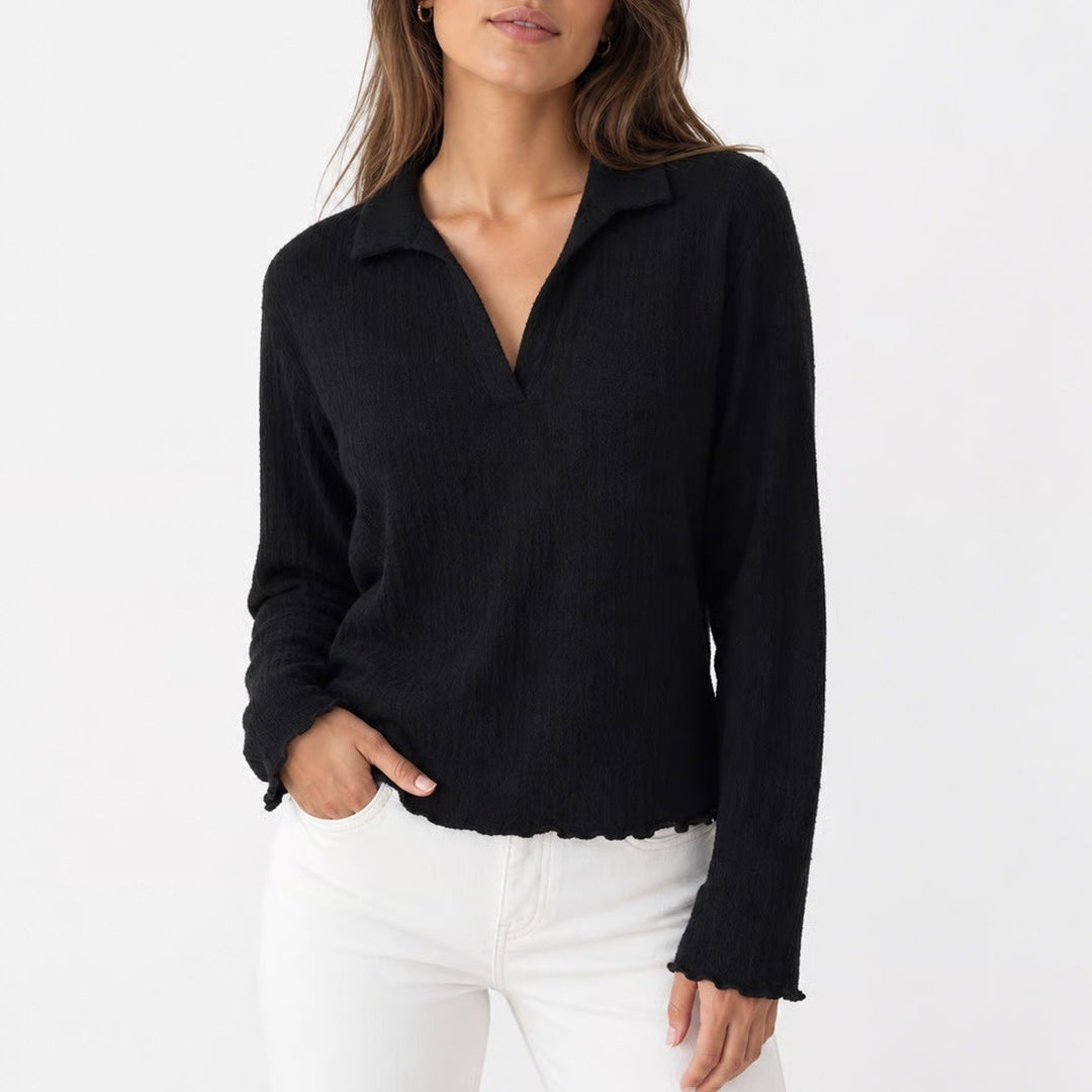 Sanctuary Black Textured Long Sleeve Polo V-Neck Top Lettuce Edge M