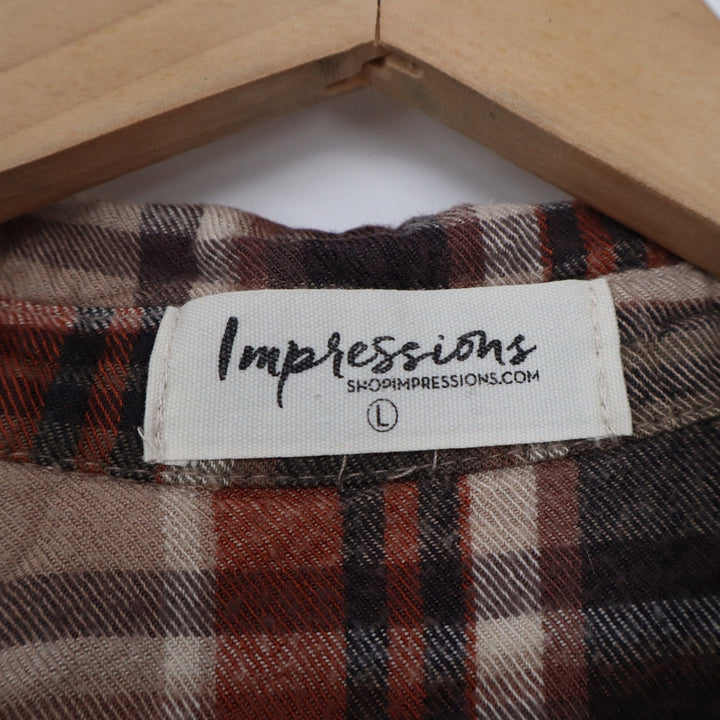 Impressions Brown Tan Plaid Rayon Button Down Shirt Womens Large Long Sleeve