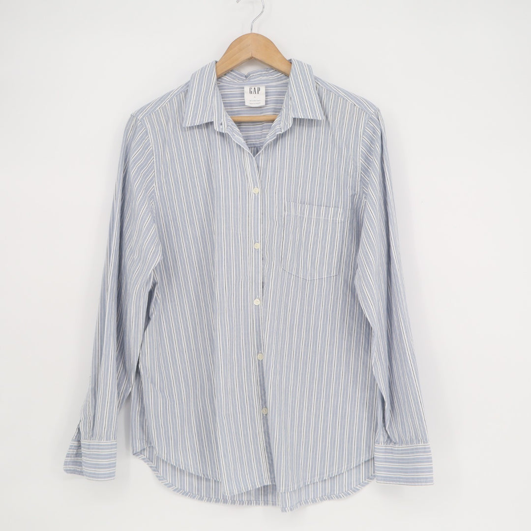 Gap Shirt Womens L White Blue Striped Cotton Spread Collar Long Sleeve Button Up