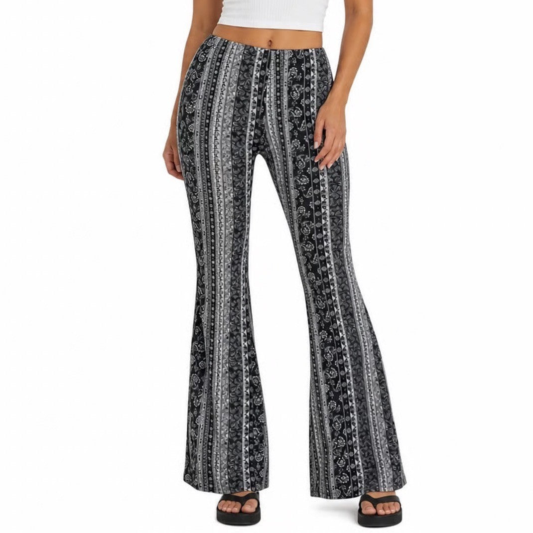 Bear Dance Womens Paisley Flare Pants Black White Bell Bottoms Size S