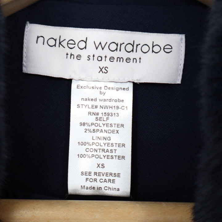 Naked Wardrobe The Statement Trench Coat Womens XS Navy Fur Trim Lined Stretch