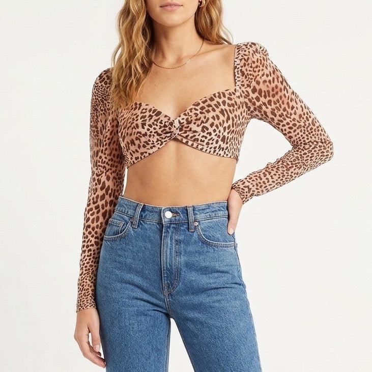 Naked Wardrobe The Statement Leopard Print Crop Top Long Sleeve Medium