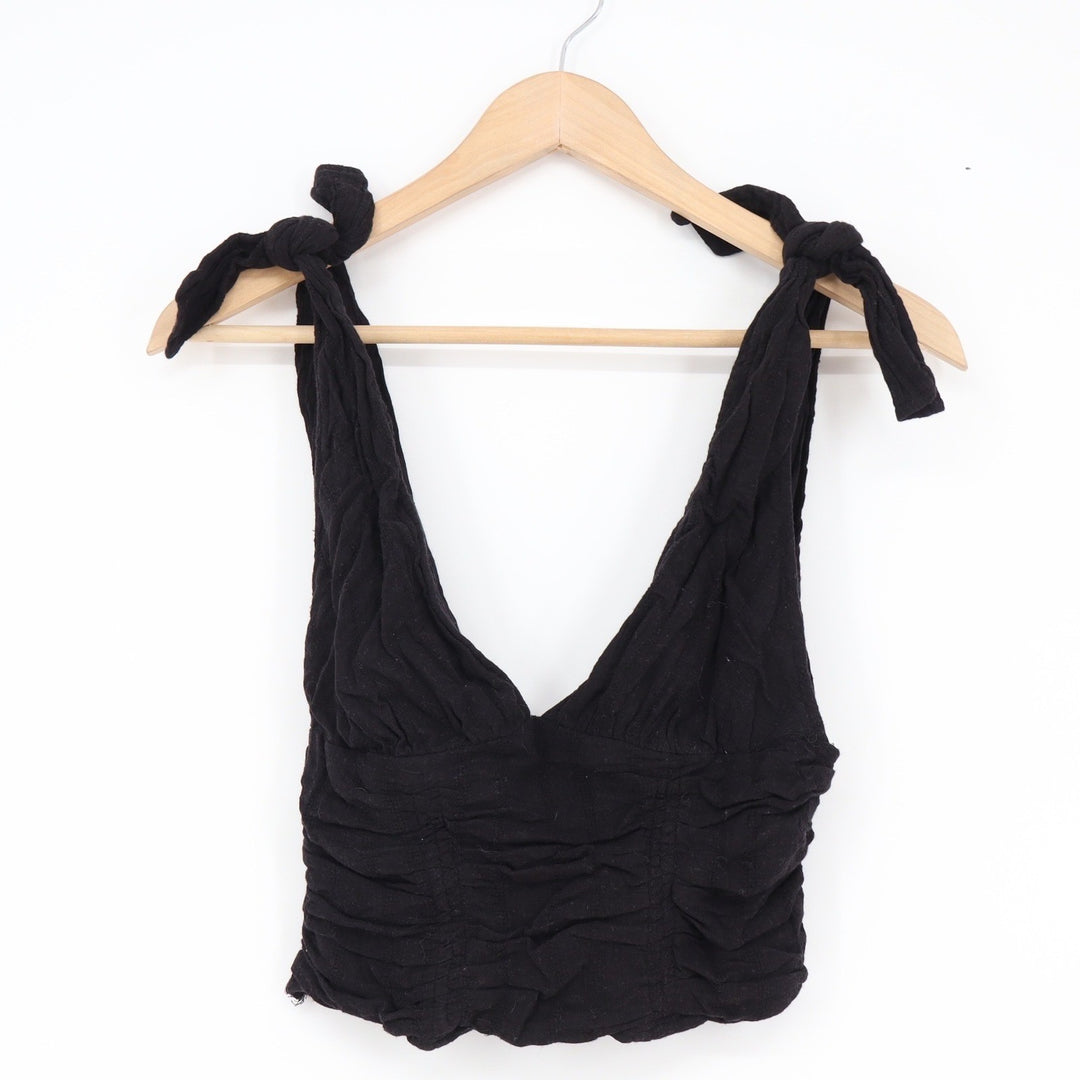 Free People Black Ruched Tie Shoulder Smocked V-Neck Crop Top XS
