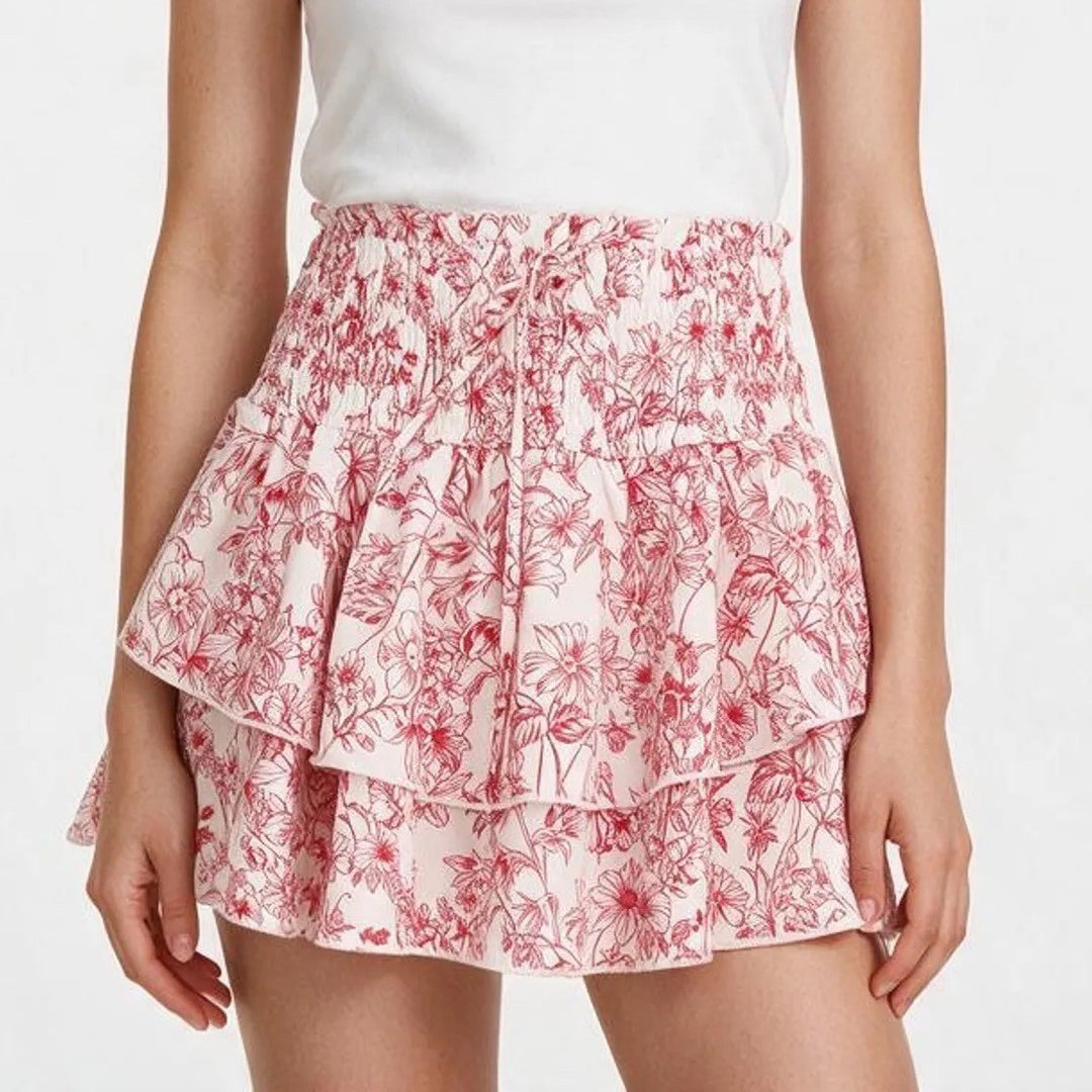 SHEIN Pink White Floral Toile Smocked Tiered Ruffle Mini Skirt Womens Size M