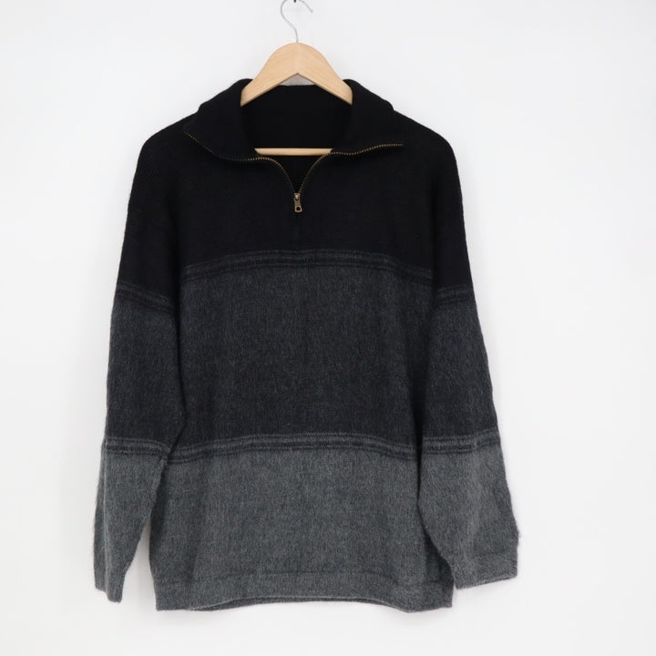 Sweater Men's Gray Striped Knitted Quarter Zip Long Sleeve Cozy Comfy Outdoor