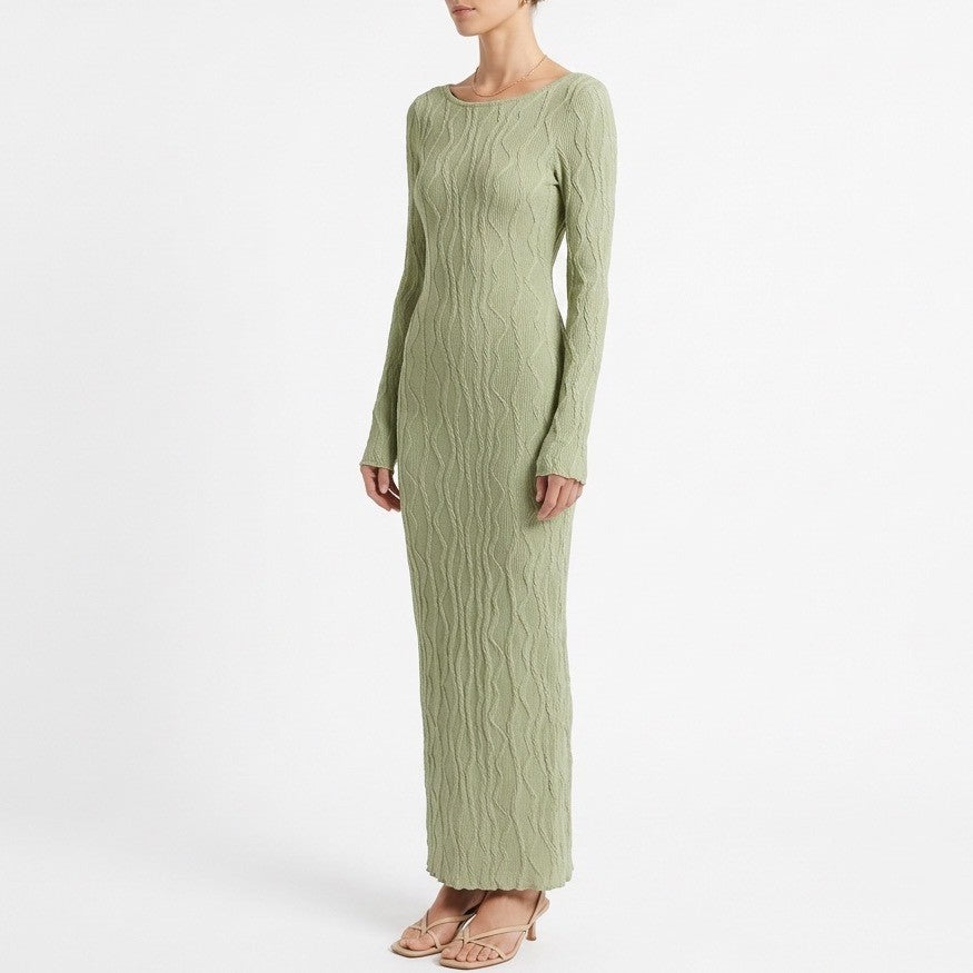Shein Rafferiza Bodycon Maxi Dress Womens XS Green Lettuce Hem Flare Sleeve