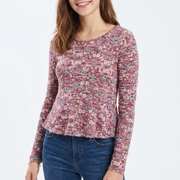 American Rag Womens L Floral Peplum Top Burgundy Space Dye Keyhole Back Long