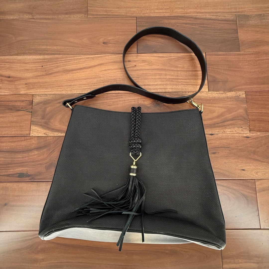 Stella Dot Hayes Tassel Hobo Black Textured Crossbody Shoulder Bag
