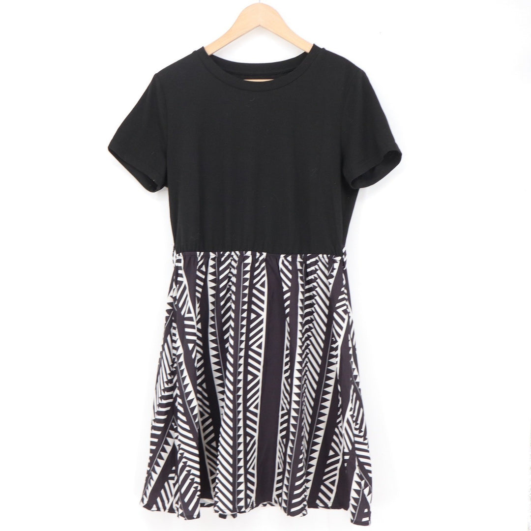 Black White Geometric Tribal Print Short Sleeve Mini Dress L
