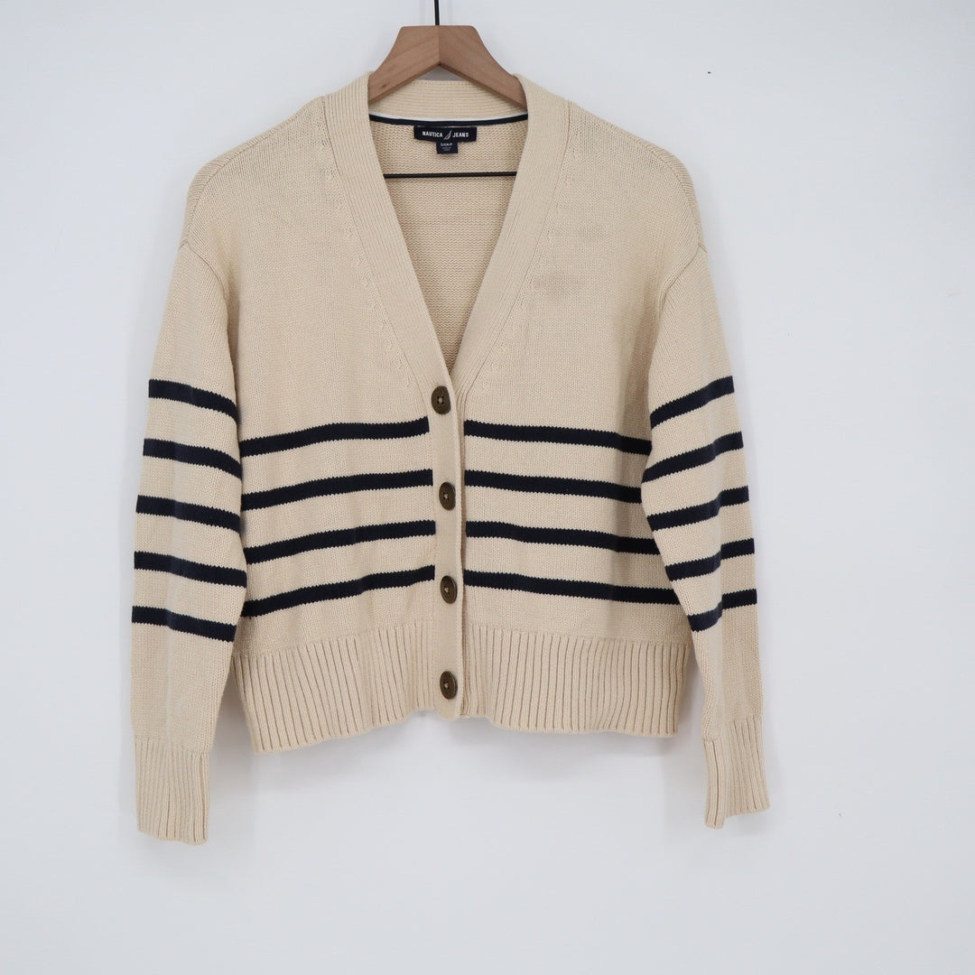 Nautica Jeans Womens Beige Navy Blue Striped V-Neck Cardigan Sweater Size S P
