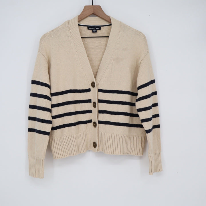 Nautica Jeans Womens Beige Navy Blue Striped V-Neck Cardigan Sweater Size S P