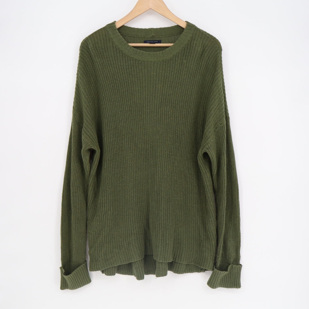 American Eagle Outfitters Sweater Womens Large Green Cotton Ribbed Crew Neck