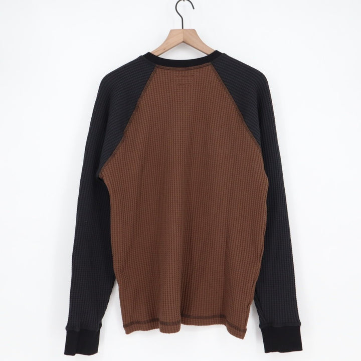 American Giant T-Shirt Mens Large Cocoa Black Colorblock Waffle Knit Henley Neck
