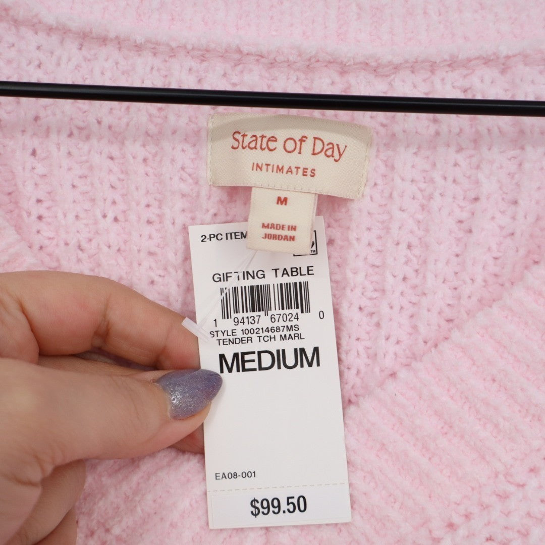 State Of Day Intimates Sweater Womens Medium Pink Waffle Knit V-Neck Long Sleeve