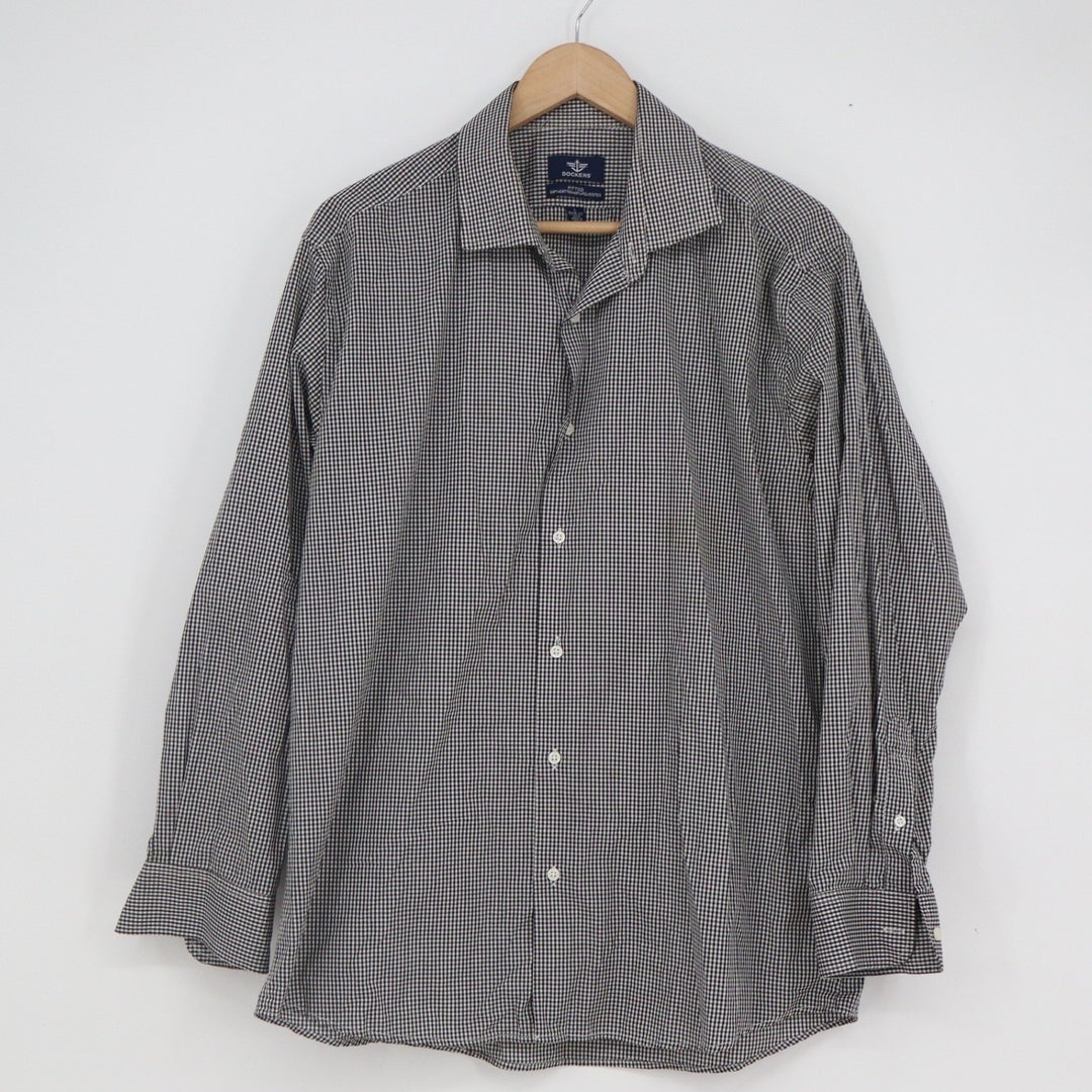 Dockers Mens Large Fitted Gingham Button Down Shirt Black White Long Sleeve L