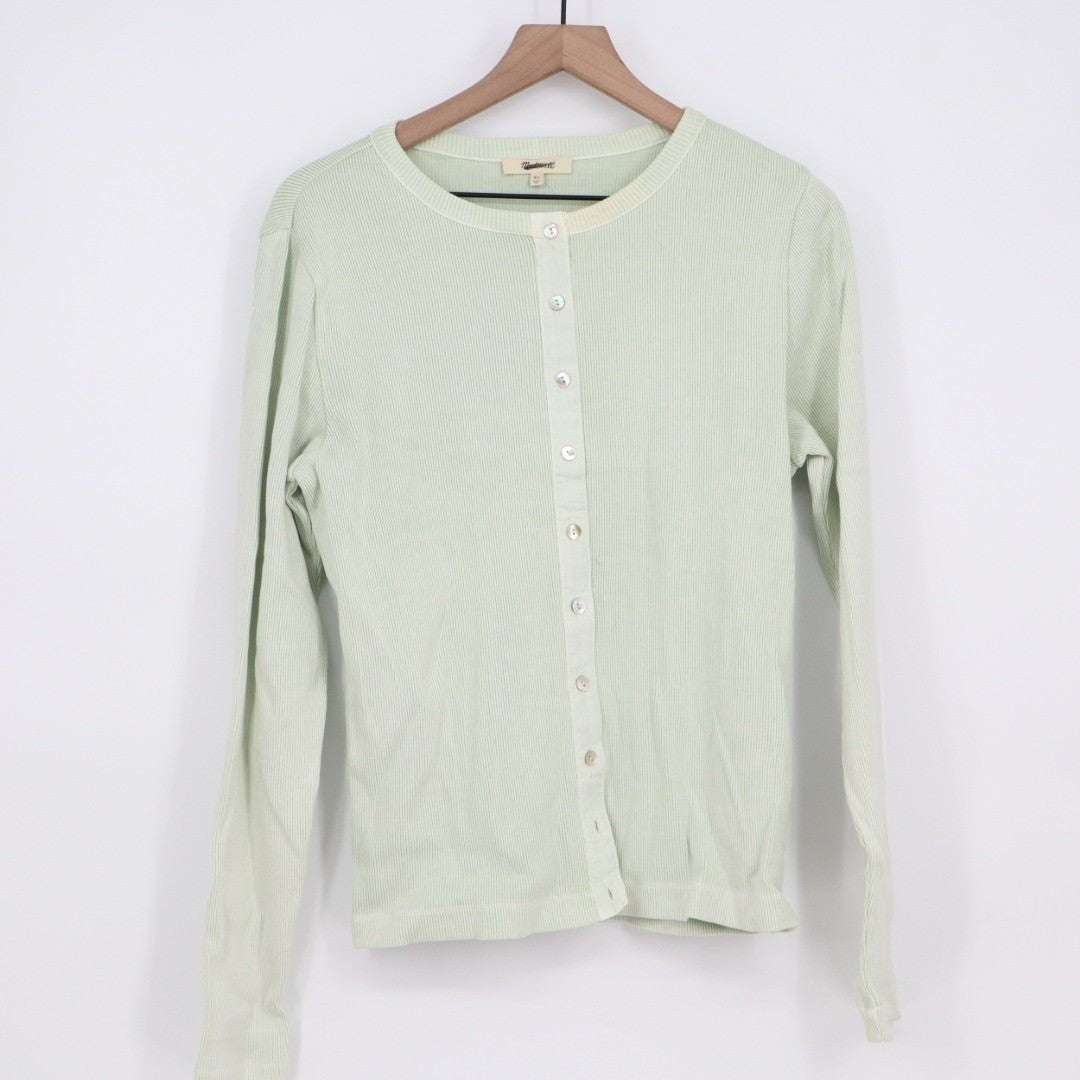 Madewell Cardigan Sweater Womens XL Lime Green Knit Cotton Ribbed Long Sleeve