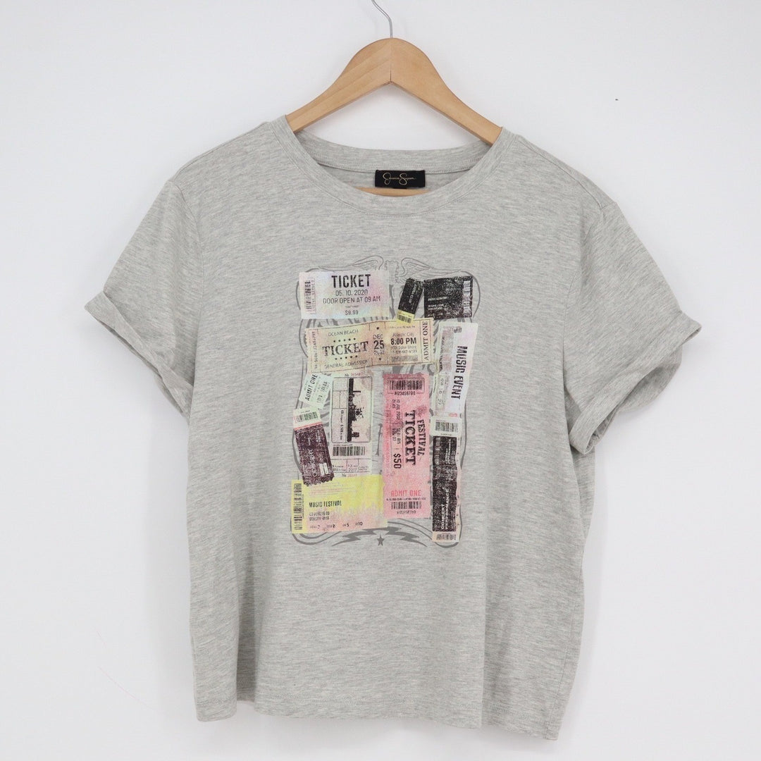 Jessica Simpson Womens Heather Gray Ticket Stub Graphic T-Shirt L