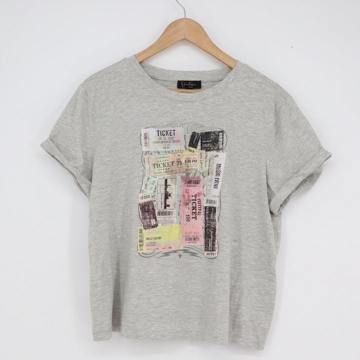 Jessica Simpson Womens Heather Gray Ticket Stub Graphic T-Shirt L
