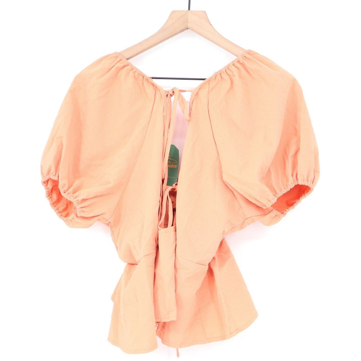 Remidoo Peach Puff Sleeve Tie Front Peplum Blouse NWT Large