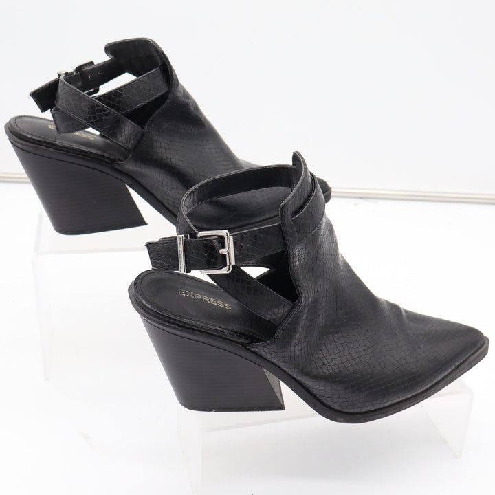 Express Black Snakeskin Embossed Cutout Block Heel Booties Pointed Toe Size 9