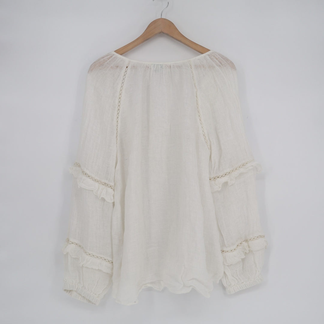 Sundance Tunic Top Womens Large White Sheer Ruffle Long Sleeve Tie Neck Pullover