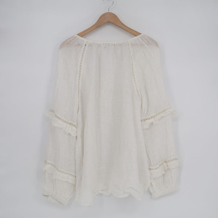 Sundance Tunic Top Womens Large White Sheer Ruffle Long Sleeve Tie Neck Pullover