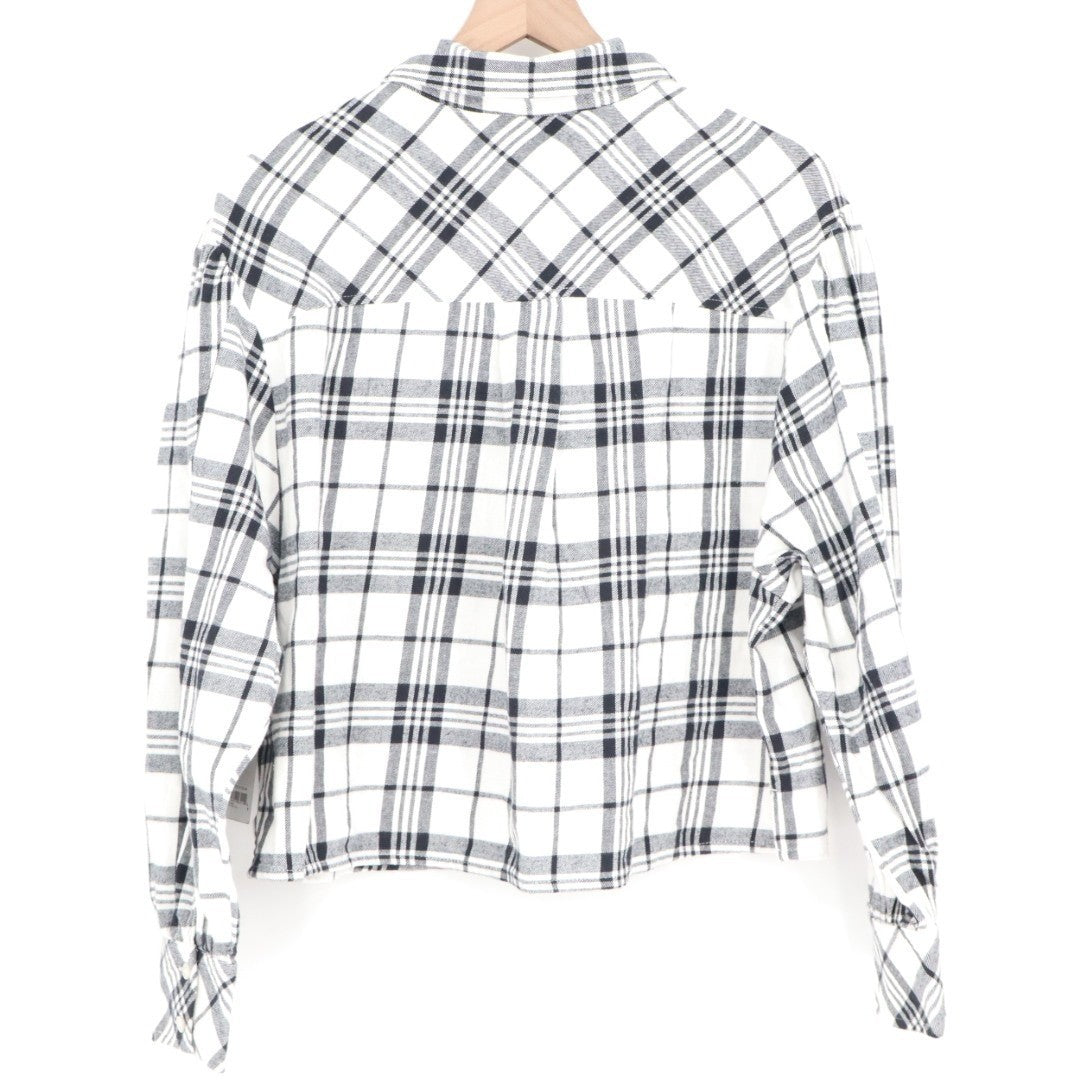 Bp. Flannel Plaid Boxy Shirt Womens S Ivory Black Cotton Spread Collar Button Up