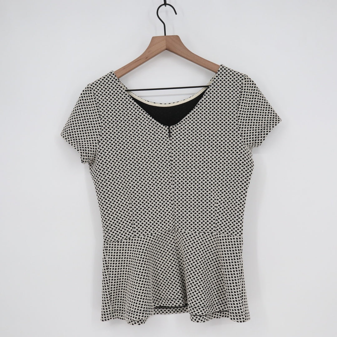 Banana Republic Peplum Top Womens 6 White Black Polka Dot Back Zip Short Sleeve
