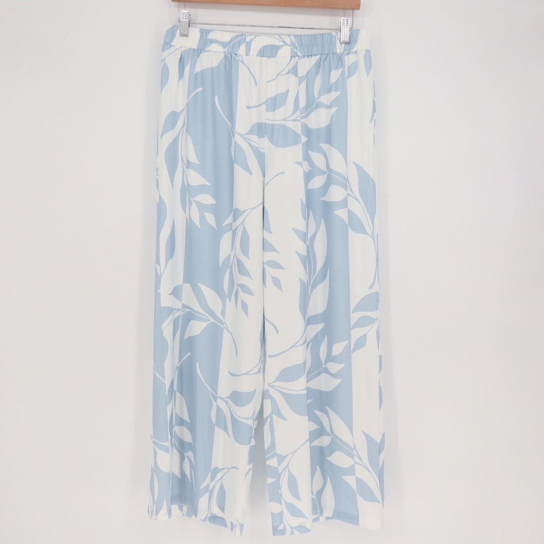 Unbranded Light Blue White Botanical Leaf Stripe Wide Leg Palazzo Pants Large