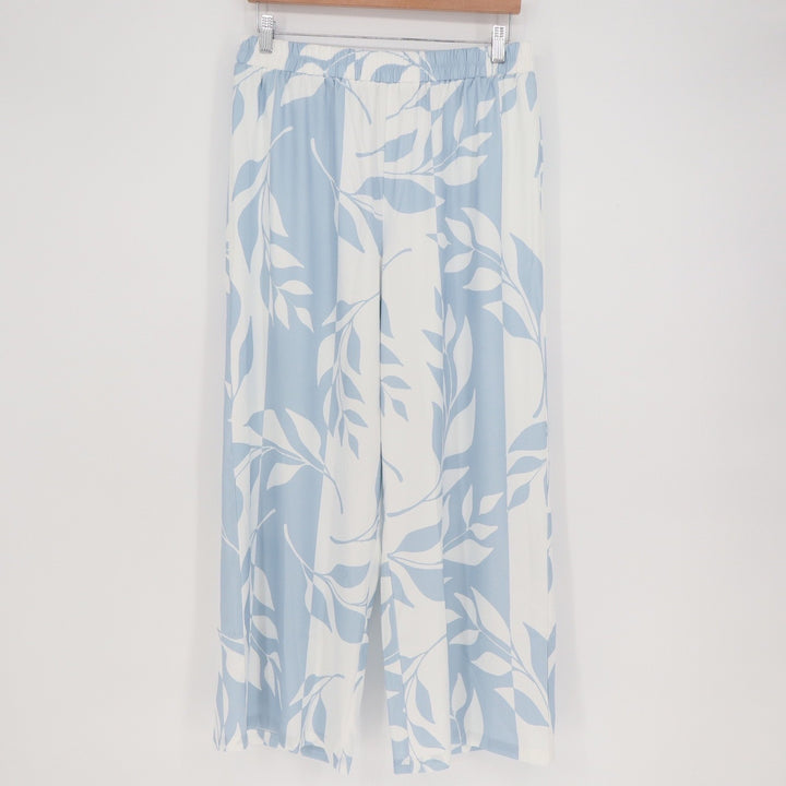 Unbranded Light Blue White Botanical Leaf Stripe Wide Leg Palazzo Pants Large